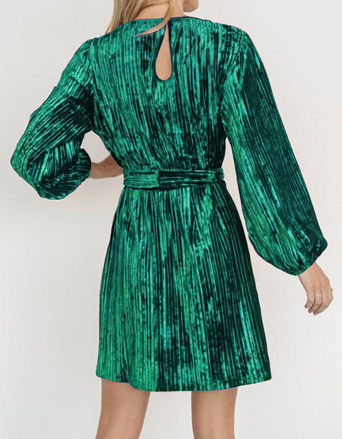 Load image into Gallery viewer, Velvet Round Neck Tie Waist Long Sleeve Mini Dress
