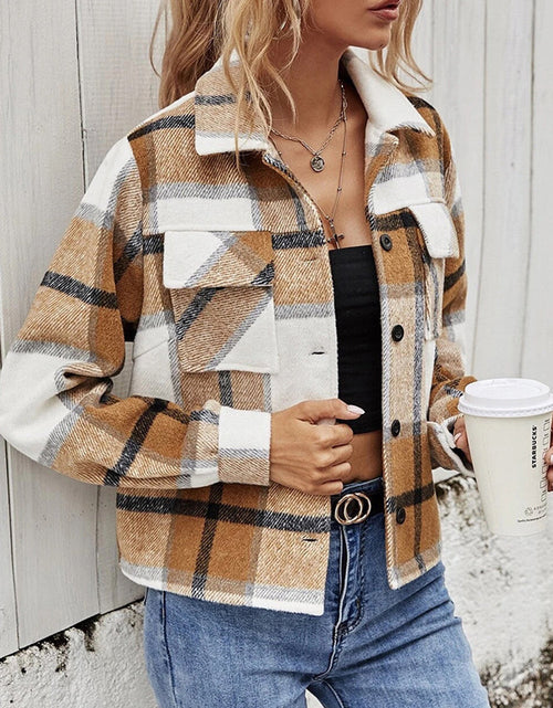 Load image into Gallery viewer, Plaid Collared Neck Jacket with Breast Pockets
