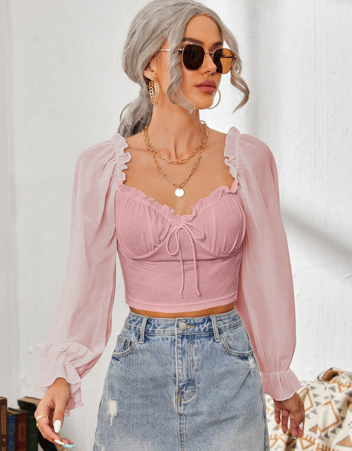 Load image into Gallery viewer, Mesh Sweetheart Neck Flounce Sleeve Top
