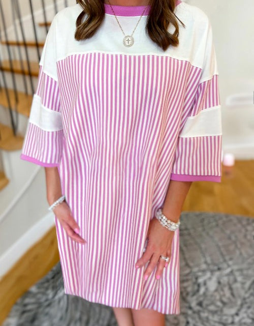 Load image into Gallery viewer, Striped Round Neck Three-Quarter Sleeve Mini Dress

