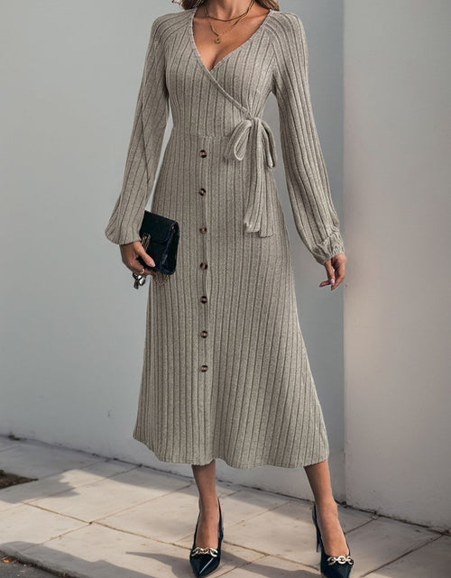 Load image into Gallery viewer, Perfee Ribbed Tied Surplice Long Sleeve Dress
