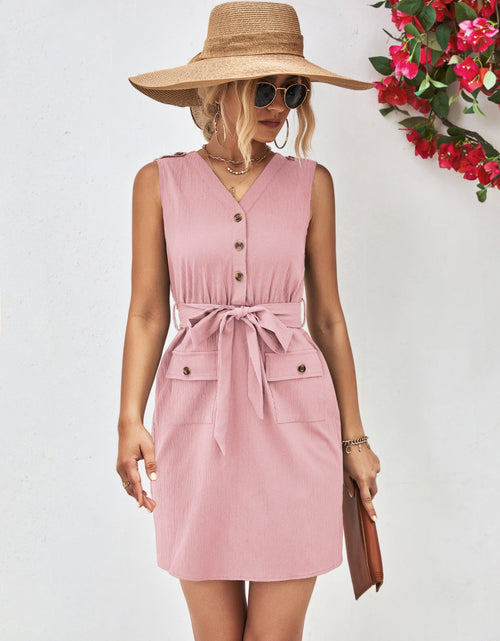 Load image into Gallery viewer, Buttoned V-Neck Belted Sleeveless Dress
