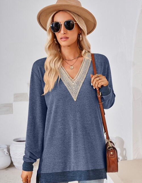 Load image into Gallery viewer, Crochet Contrast V-Neck Long Sleeve Slit T-Shirt
