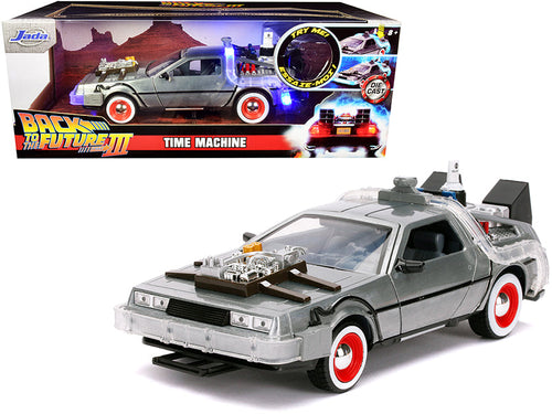 Load image into Gallery viewer, DeLorean Brushed Metal Time Machine with Lights "Back to the Future Part III" (1990) Movie "Hollywood Rides" Series 1/24 Diecast Model Car by Jada
