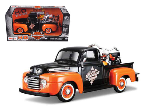 Load image into Gallery viewer, 1948 Ford F-1 Pickup Truck with 1958 Harley Davidson FLH Duo Glide Motorcycle Orange and Black 1/24 Diecast Models by Maisto
