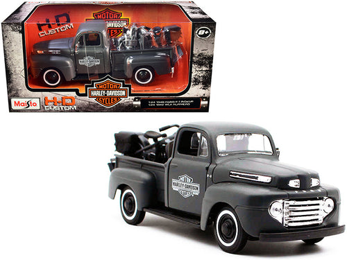 Load image into Gallery viewer, 1948 Ford F-1 Pickup Truck and 1942 Harley-Davidson WLA Flathead Motorcycle Matt Dark Gray "Harley-Davidson Custom" 1/24 Diecast Models by Maisto
