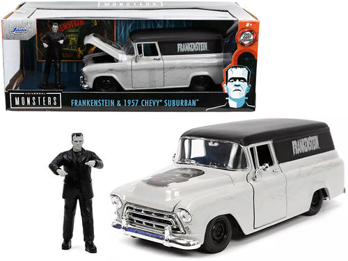 Load image into Gallery viewer, 1957 Chevrolet Suburban Gray and Black with Graphics and Frankenstein Diecast Figurine "Universal Monsters" "Hollywood Rides" Series 1/24 Diecast Model Car by Jada
