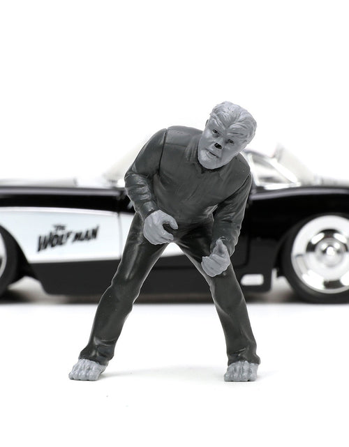 Load image into Gallery viewer, 1957 Chevrolet Corvette Black with White Top and Wolfman Diecast Figure "Universal Monsters" "Hollywood Rides" Series 1/24 Diecast Model Car by Jada

