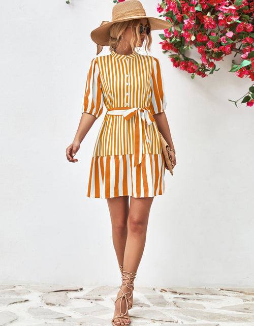 Load image into Gallery viewer, Striped Half Sleeve Tie Waist Mini Dress

