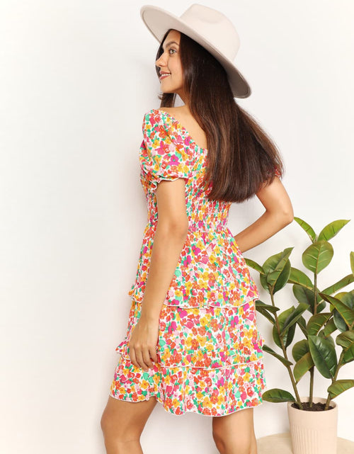 Load image into Gallery viewer, Devine Smocked Sweetheart Neck Flounce Sleeve Mini Dress
