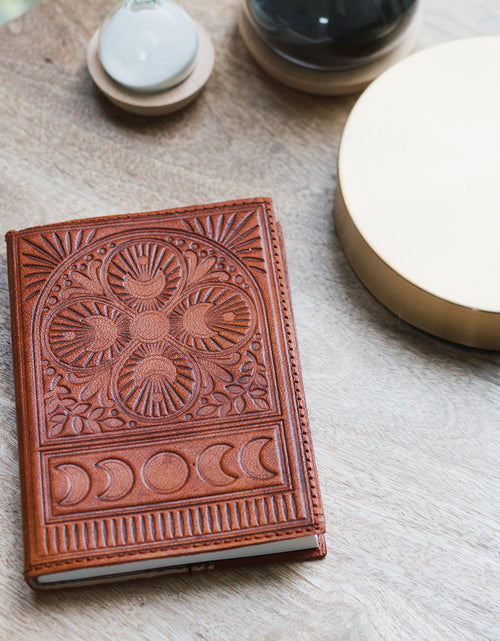 Load image into Gallery viewer, Embossed Brown Leather Moon Phase 5x7 Journal - Refillable Cruelty-Free by Matr Boomie
