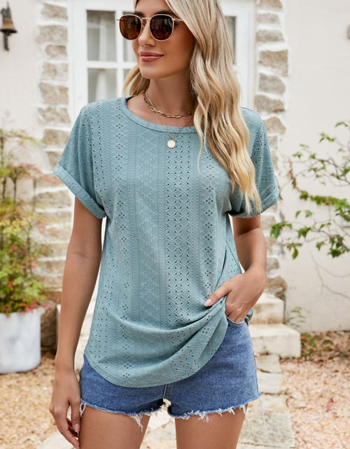 Load image into Gallery viewer, Full Size Round Neck Eyelet Short Sleeve Top
