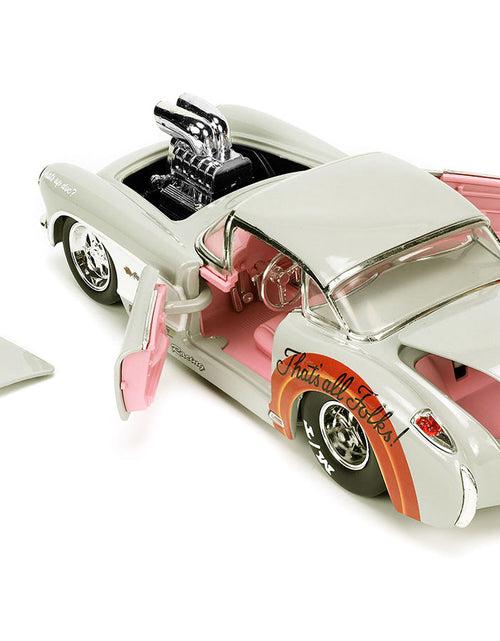 Load image into Gallery viewer, 1957 Chevrolet Corvette Beige with Pink Interior with Bugs Bunny Figure "Looney Tunes" "Hollywood Rides" Series 1/24 Diecast Model Car by Jada
