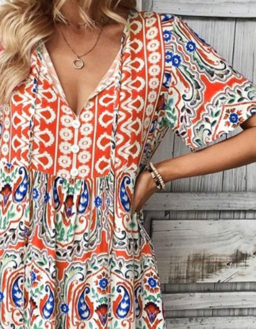 Load image into Gallery viewer, Printed Tie Neck Short Sleeve Dress
