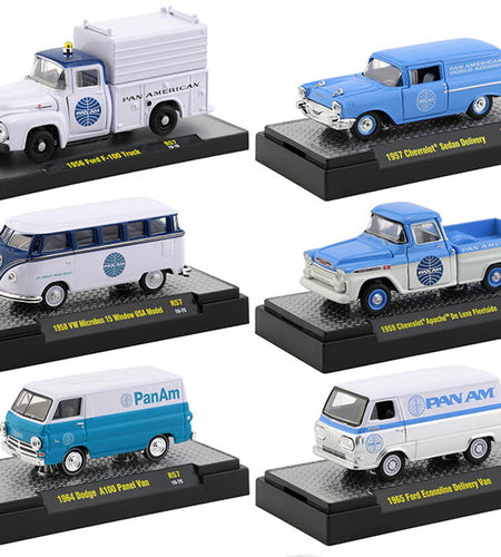 "Auto Trucks" Set of 6 pieces Release 57 "Pan American World Airways" (Pan Am) IN DISPLAY CASES 1/64 Diecast Model Cars by M2 Machines