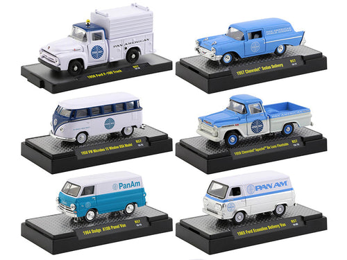 Load image into Gallery viewer, "Auto Trucks" Set of 6 pieces Release 57 "Pan American World Airways" (Pan Am) IN DISPLAY CASES 1/64 Diecast Model Cars by M2 Machines
