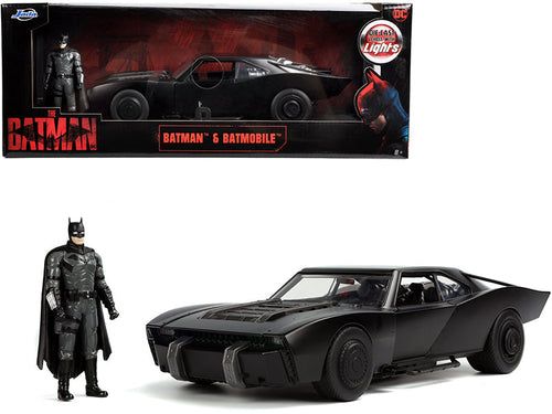 Load image into Gallery viewer, Batmobile Matt Black with Lights with Batman Diecast Figurine "The Batman" (2022) Movie "DC Comics" 1/18 Diecast Model Car by Jada
