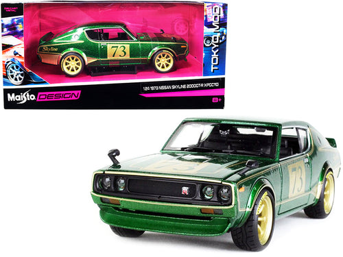 Load image into Gallery viewer, 1973 Nissan Skyline 2000GT-R (KPGC110) #73 Green Metallic with Gold Stripes "Tokyo Mod" Series 1/24 Diecast Model Car by Maisto
