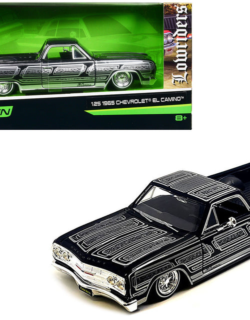 Load image into Gallery viewer, 1965 Chevrolet El Camino Lowrider Black Metallic with Silver Graphics "Lowriders" Series 1/25 Diecast Model Car by Maisto
