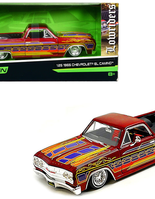 Load image into Gallery viewer, 1965 Chevrolet El Camino Lowrider Candy Red Metallic with Graphics "Lowriders" Series 1/25 Diecast Model Car by Maisto
