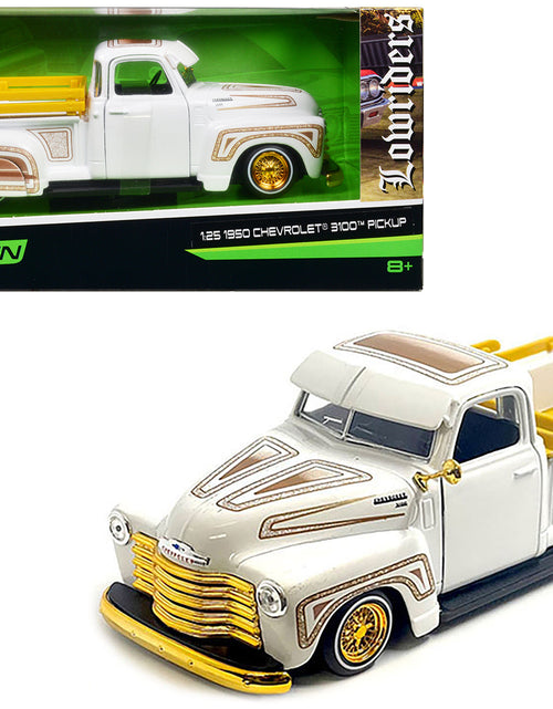 Load image into Gallery viewer, 1950 Chevrolet 3100 Pickup Truck Lowrider White with Graphics and Gold Wheels "Lowriders" Series 1/25 Diecast Model Car by Maisto
