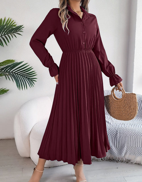 Load image into Gallery viewer, Pleated Half Button Long Sleeve Midi Dress
