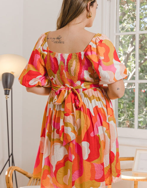 Load image into Gallery viewer, ODDI Full Size Printed Tied Back Short Sleeve Mini Dress
