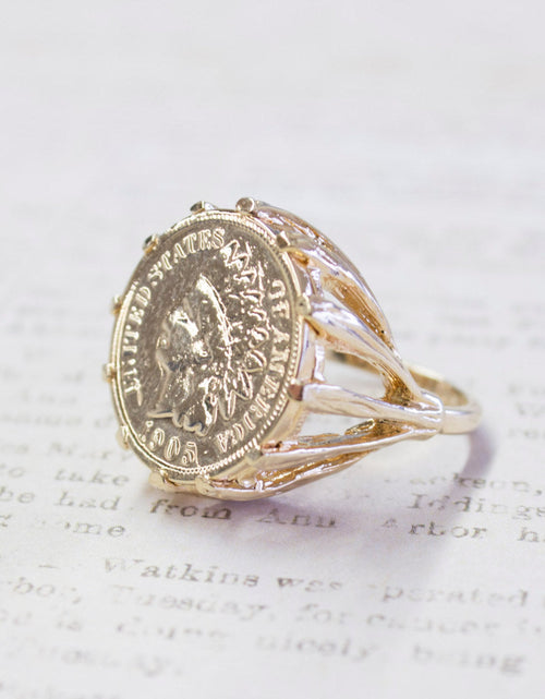 Load image into Gallery viewer, Vintage Ring Indian Head Penny Ring Antique 18k Gold Edwardian Style Handcrafted Coin Jewelry #R137 by PVD Vintage Jewelry
