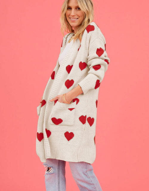 Load image into Gallery viewer, Heart Graphic Open Front Cardigan with Pockets
