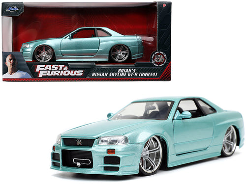 Load image into Gallery viewer, Brian's Nissan Skyline GT-R (BNR34) RHD (Right Hand Drive) Turquoise Metallic "Fast &amp; Furious" Movie 1/24 Diecast Model Car by Jada
