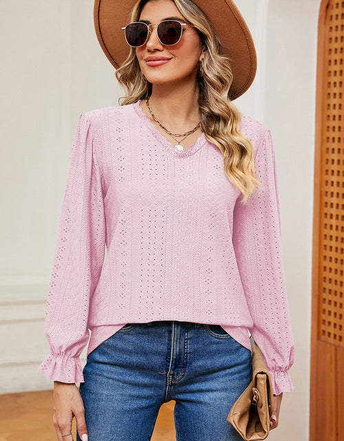 Load image into Gallery viewer, Eyelet V-Neck Flounce Sleeve T-Shirt

