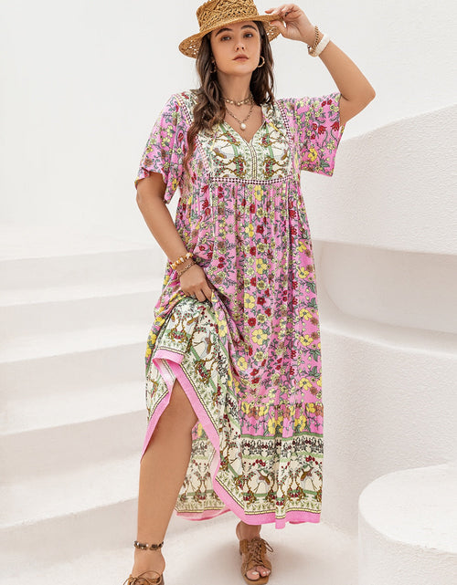 Load image into Gallery viewer, Plus Size Floral Tie Neck Flutter Sleeve Maxi Dress
