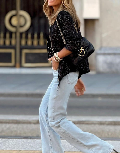 Load image into Gallery viewer, Sequin Zip Up Long Sleeve Jacket
