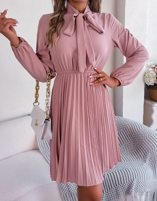Load image into Gallery viewer, Tie Neck Balloon Sleeve Pleated Dress
