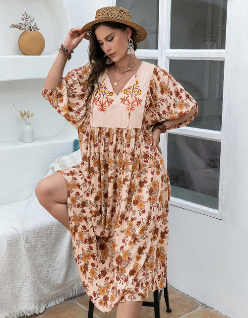 Load image into Gallery viewer, Plus Size Printed Tie Neck Half Sleeve Midi Dress
