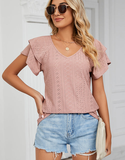 Load image into Gallery viewer, Eyelet V-Neck Short Sleeve T-Shirt
