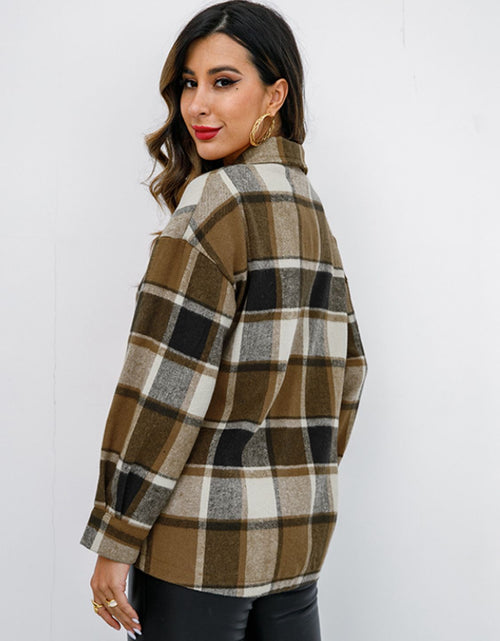 Load image into Gallery viewer, Shiny Plaid Button Up Collared Neck Jacket
