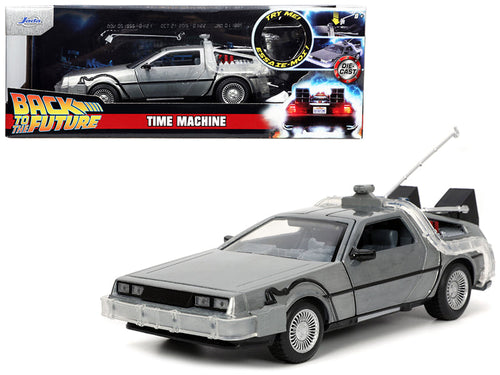Load image into Gallery viewer, DeLorean Brushed Metal Time Machine with Lights "Back to the Future" (1985) Movie "Hollywood Rides" Series 1/24 Diecast Model Car by Jada
