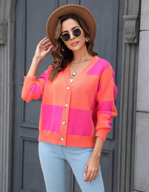 Load image into Gallery viewer, Angel Wings Plaid V-Neck Dropped Shoulder Cardigan
