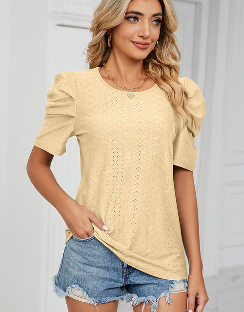 Load image into Gallery viewer, Eyelet Round Neck Puff Sleeve T-Shirt
