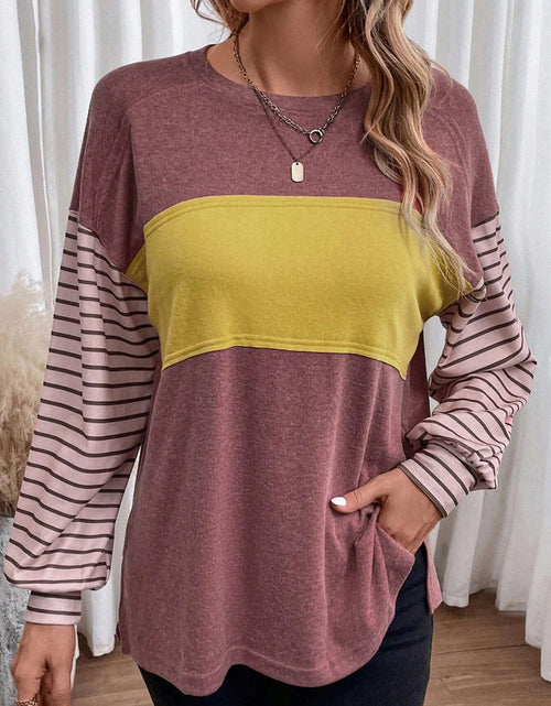 Load image into Gallery viewer, Round Neck Striped Long Sleeve Slit T-Shirt
