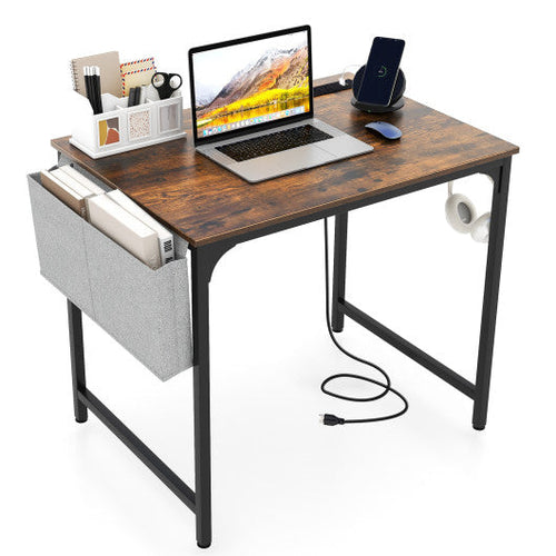Load image into Gallery viewer, 32 Inch Home Office Desk with Charging Station Storage Bag and Headphone Hook-Rustic Brown

