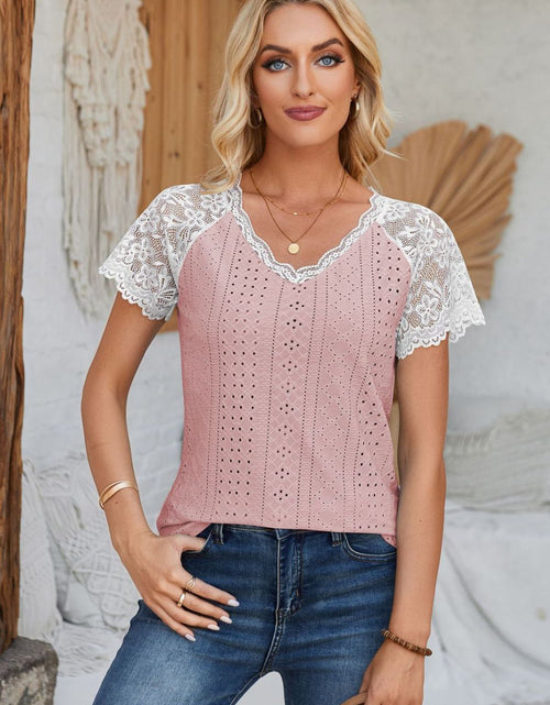 Load image into Gallery viewer, Eyelet V-Neck Lace Short Sleeve T-Shirt
