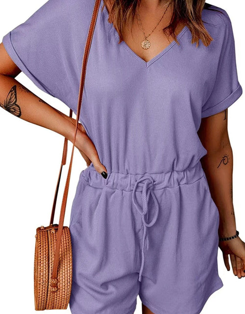 Load image into Gallery viewer, Full Size Drawstring V-Neck Short Sleeve Romper
