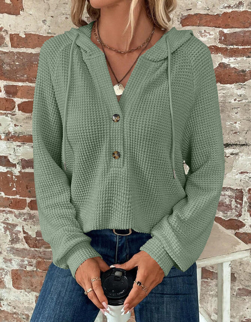 Load image into Gallery viewer, Waffle Knit Long Sleeve Drawstring Hooded Top
