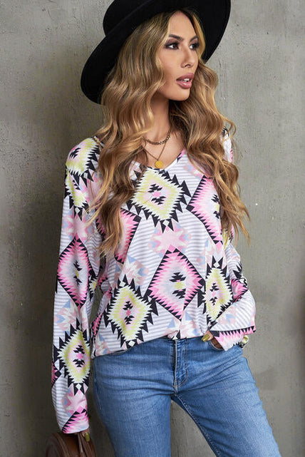 Load image into Gallery viewer, Geometric V-Neck Long Sleeve T-Shirt
