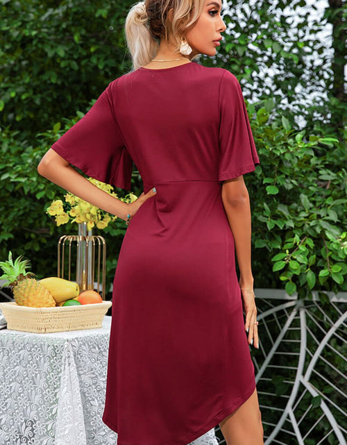 Load image into Gallery viewer, Shiny Flare Sleeve Surplice Tulip Hem Dress
