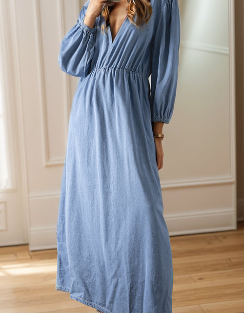 Load image into Gallery viewer, Tied Plunge Three-Quarter Sleeve Denim Dress
