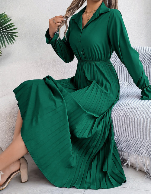 Load image into Gallery viewer, Pleated Half Button Long Sleeve Midi Dress
