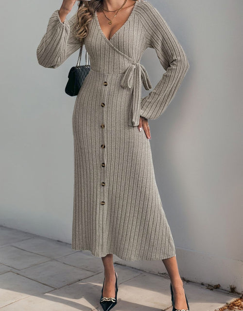 Load image into Gallery viewer, Perfee Ribbed Tied Surplice Long Sleeve Dress
